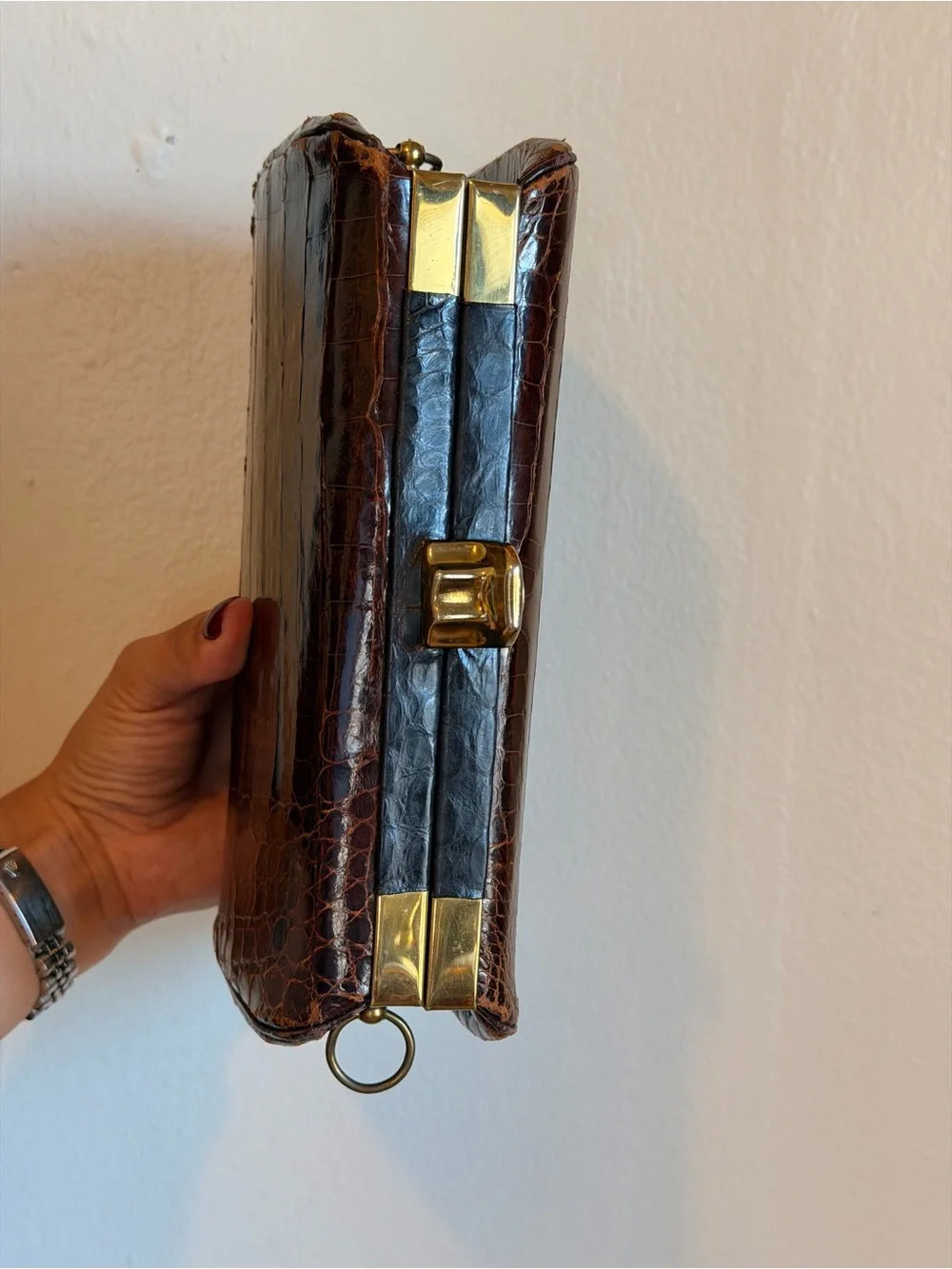 Vintage Alligator-Embossed Brown Leather Clutch